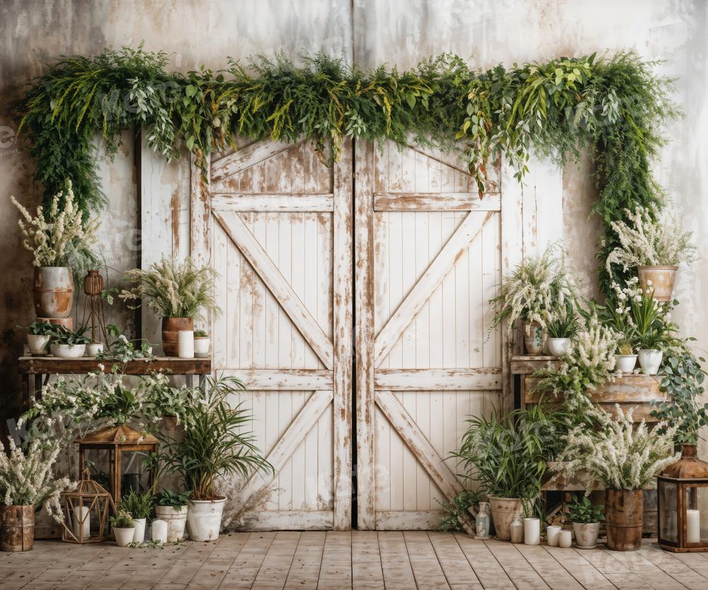 Kate Spring White Barn Door With Green Plants Backdrop Designed by Emetselch -UK