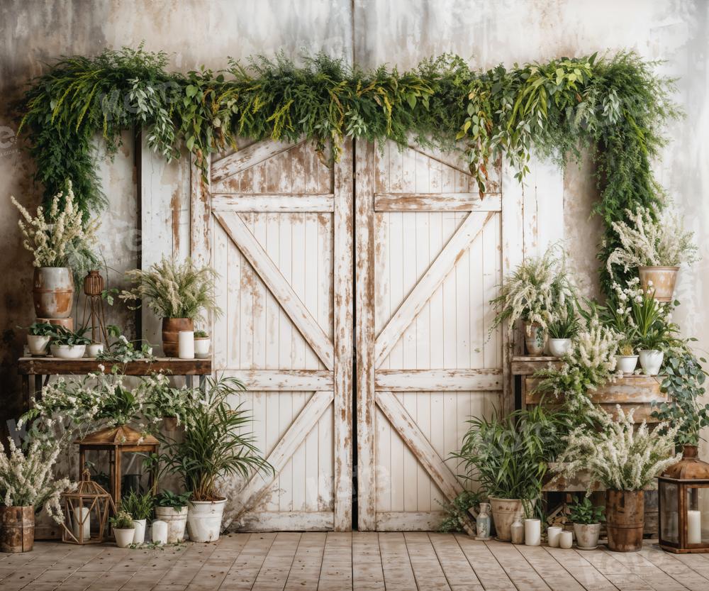 Kate Spring White Barn Door With Green Plants Backdrop Designed by Emetselch