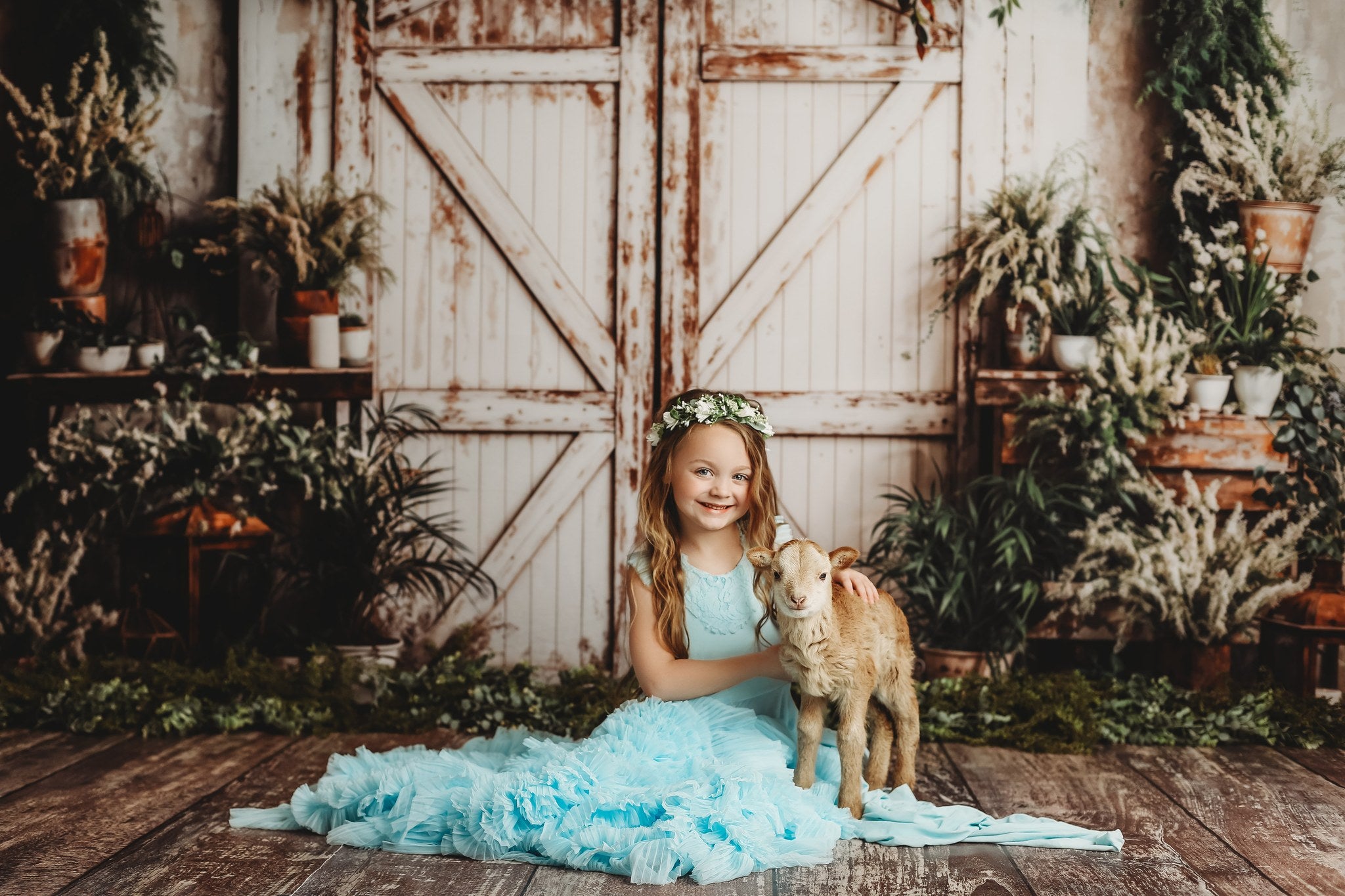Kate Spring White Barn Door With Green Plants Backdrop Designed by Emetselch -UK