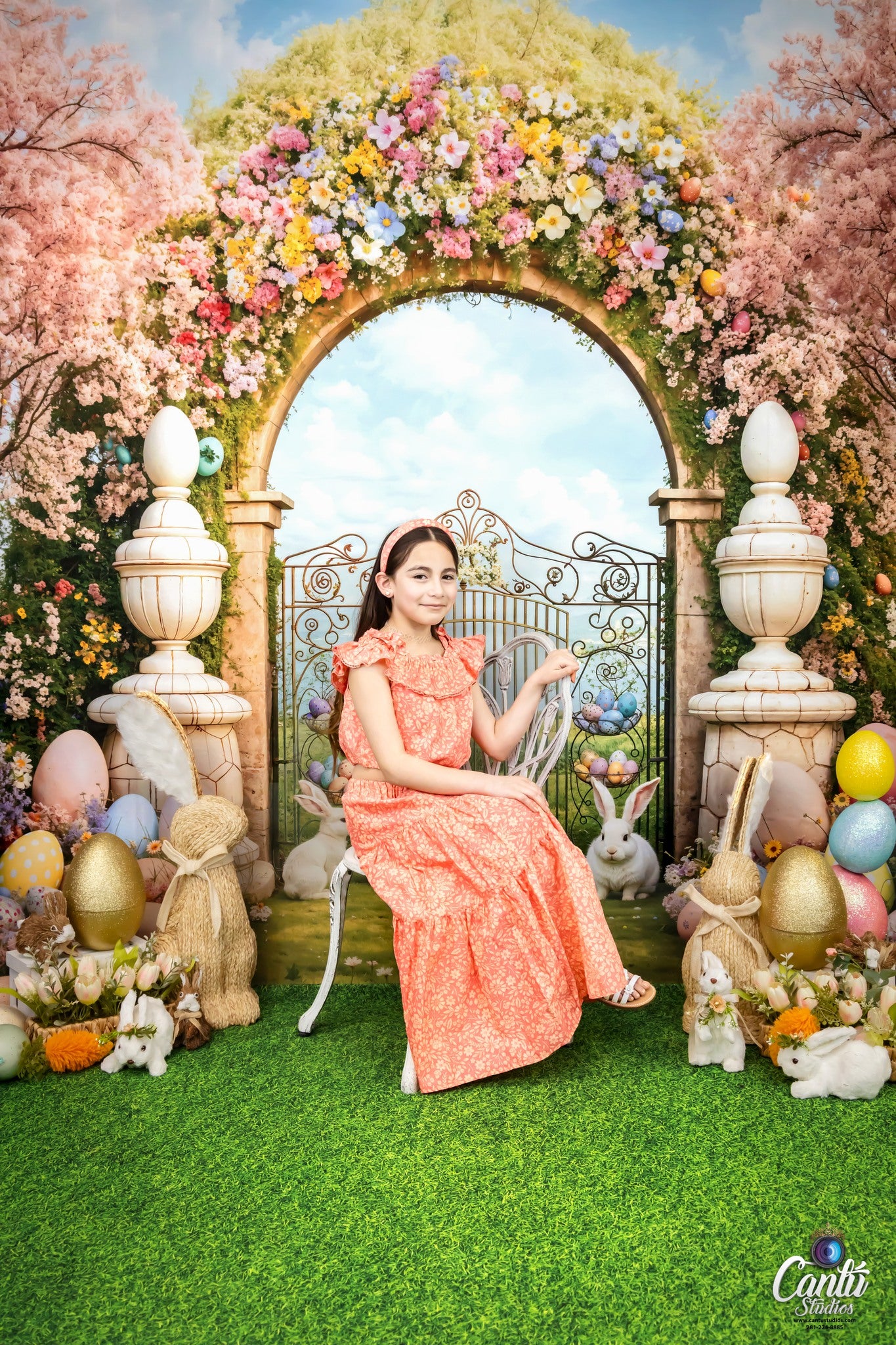 Kate Easter Bunny Colorful Flowers Arch Backdrop Designed by Chain Photography -UK