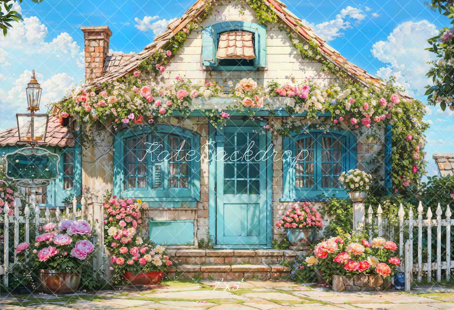 Kate Spring Flowers Fence Blue House Backdrop Designed by Emetselch -UK