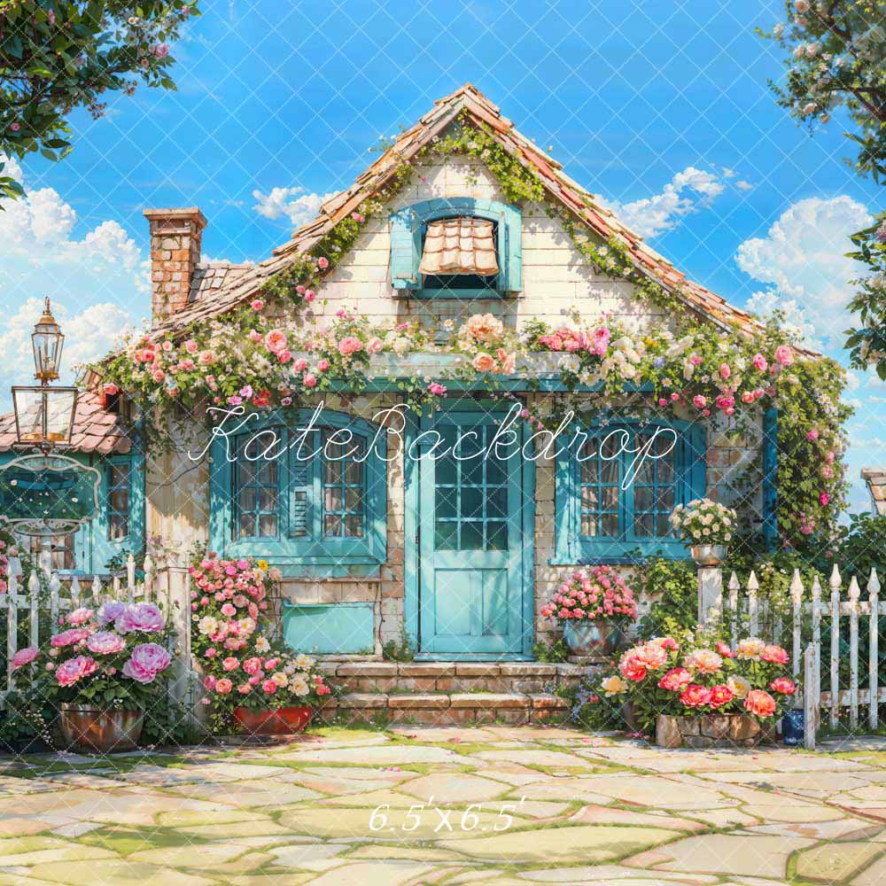 Kate Spring Flowers Fence Blue House Backdrop Designed by Emetselch -UK