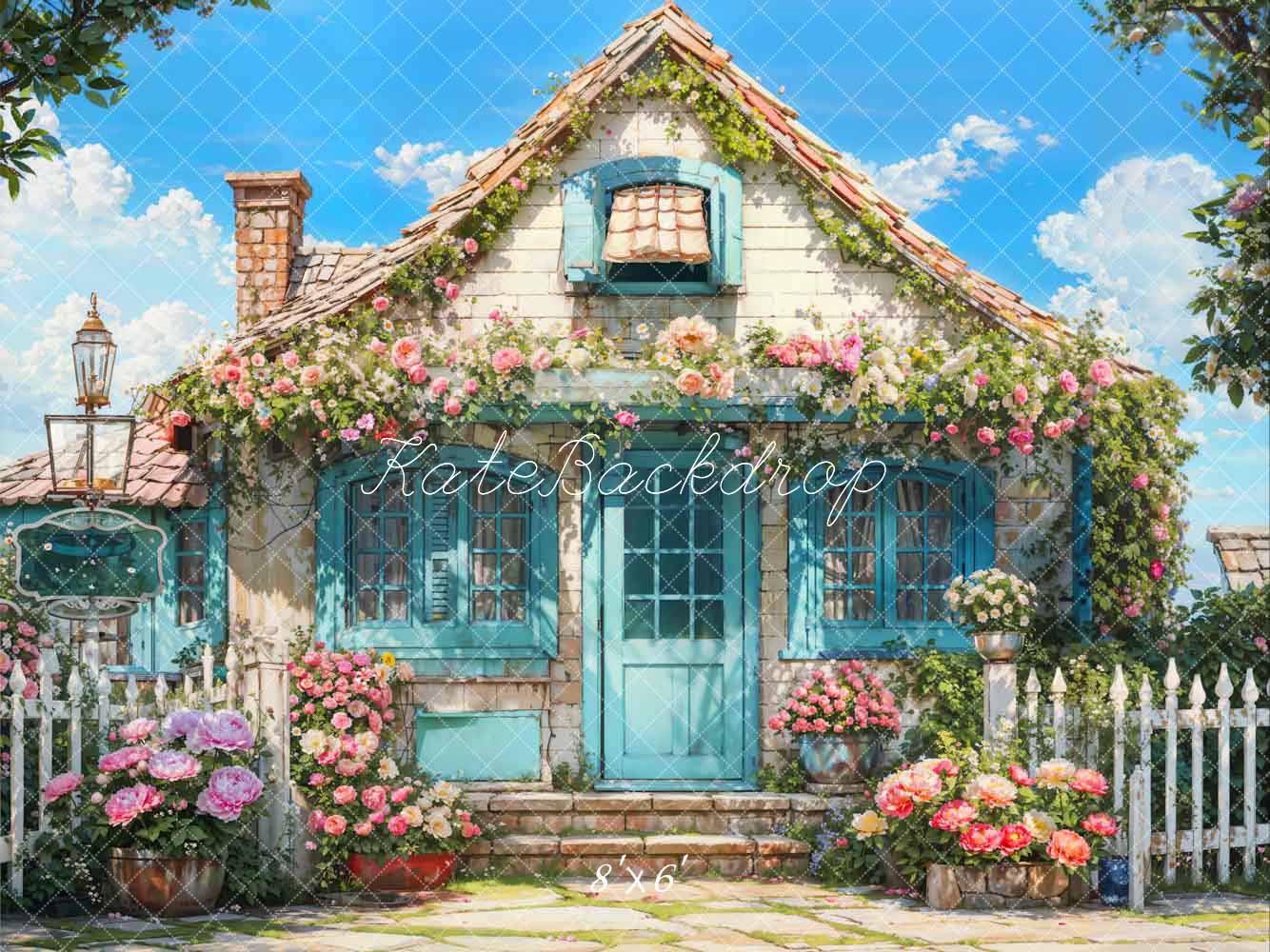 Kate Spring Flowers Fence Blue House Backdrop Designed by Emetselch -UK