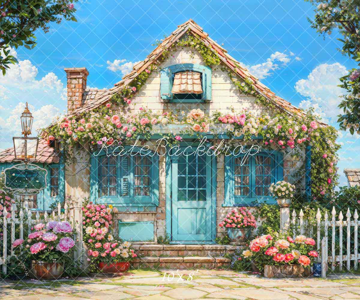 Kate Spring Flowers Fence Blue House Backdrop Designed by Emetselch -UK