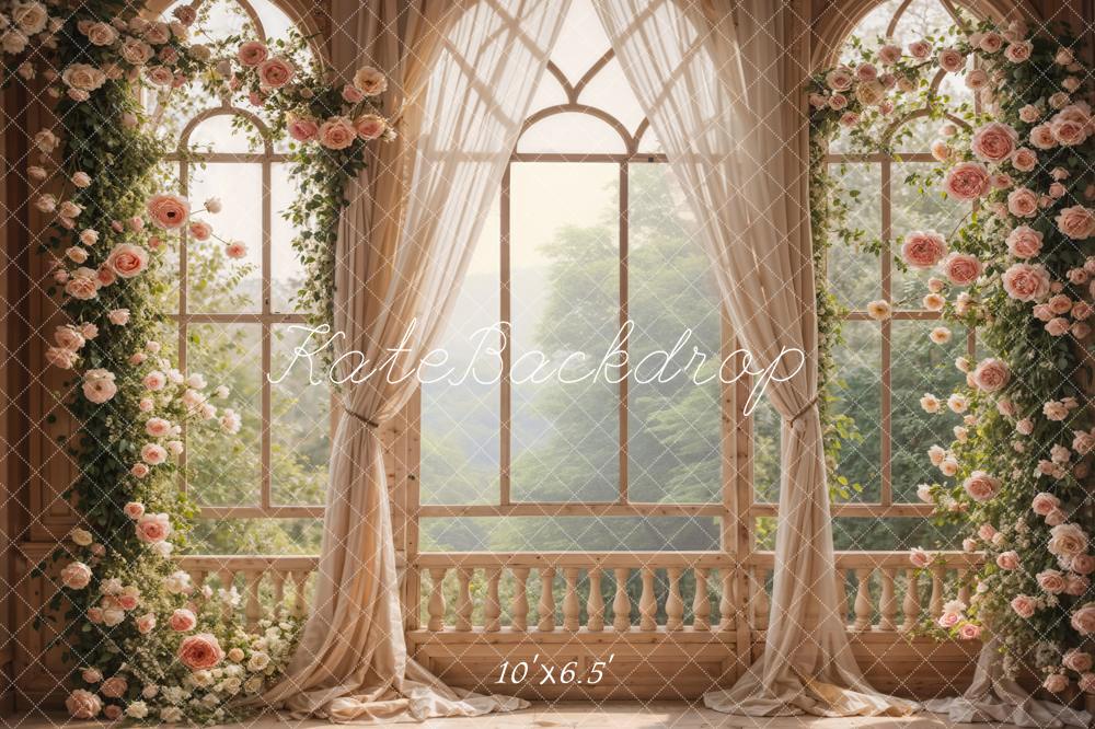 Kate Spring Pink Flowers Window Room Fleece Backdrop Designed by Emetselch