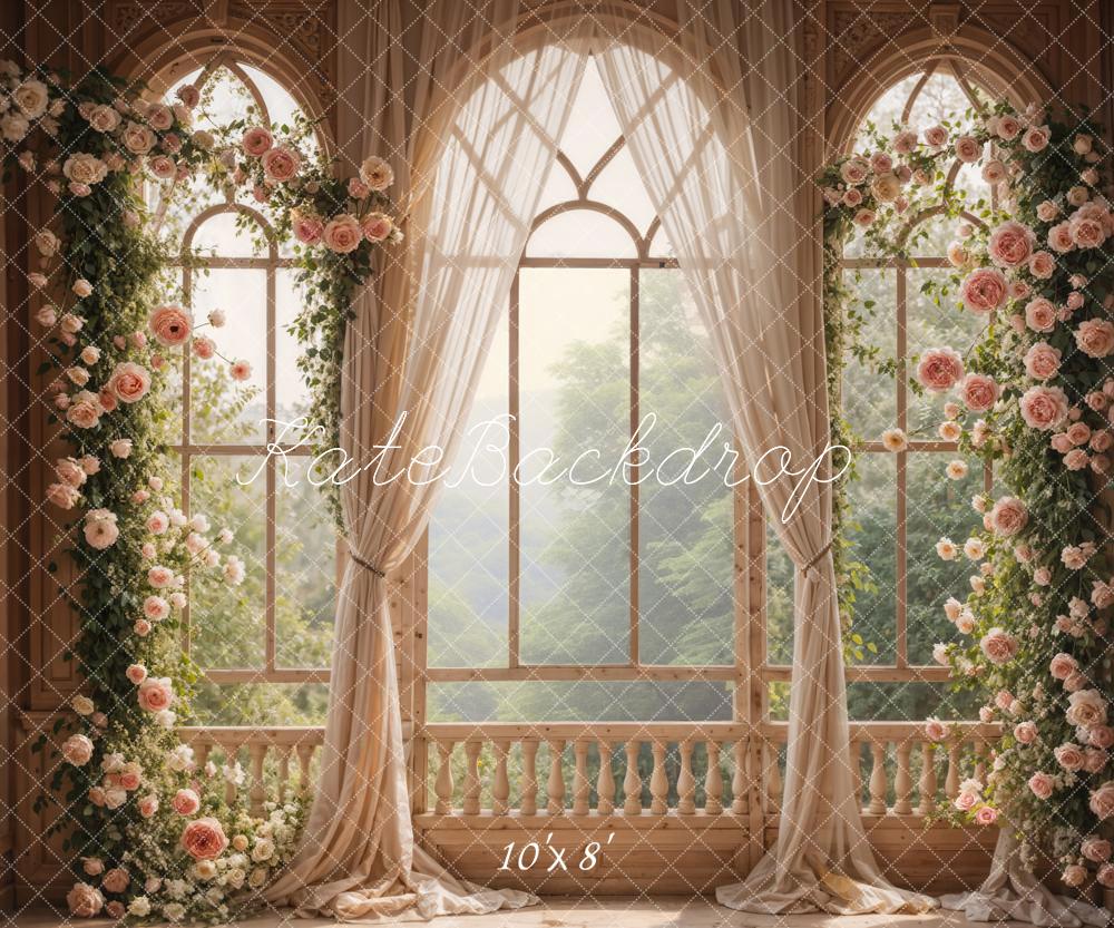 Kate Spring Pink Flowers Window Room Fleece Backdrop Designed by Emetselch -UK