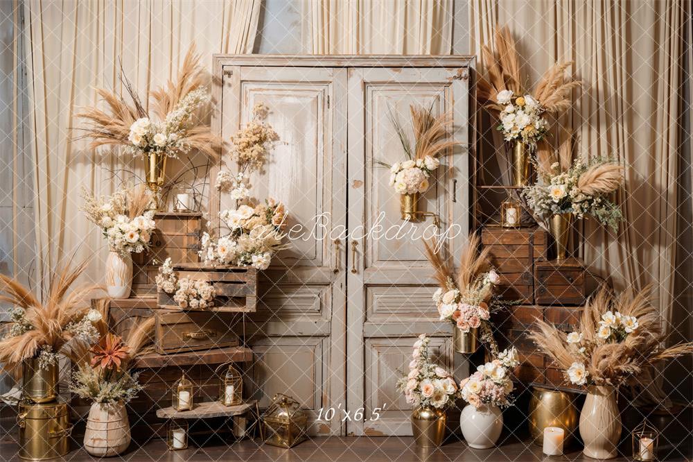 Kate Boho Flowers Reed Wood Door Backdrop Designed by Emetselch -UK