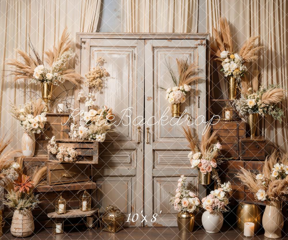 Kate Boho Flowers Reed Wood Door Backdrop Designed by Emetselch -UK