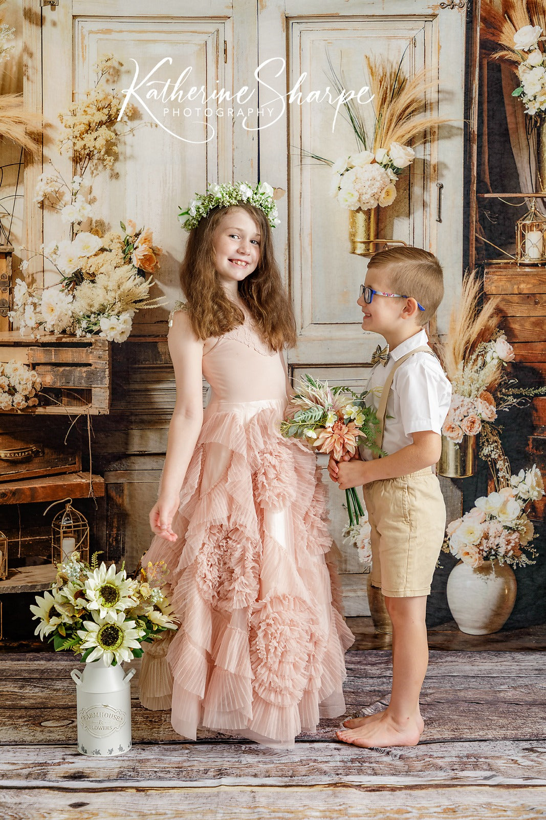Kate Boho Flowers Reed Wood Door Backdrop Designed by Emetselch -UK