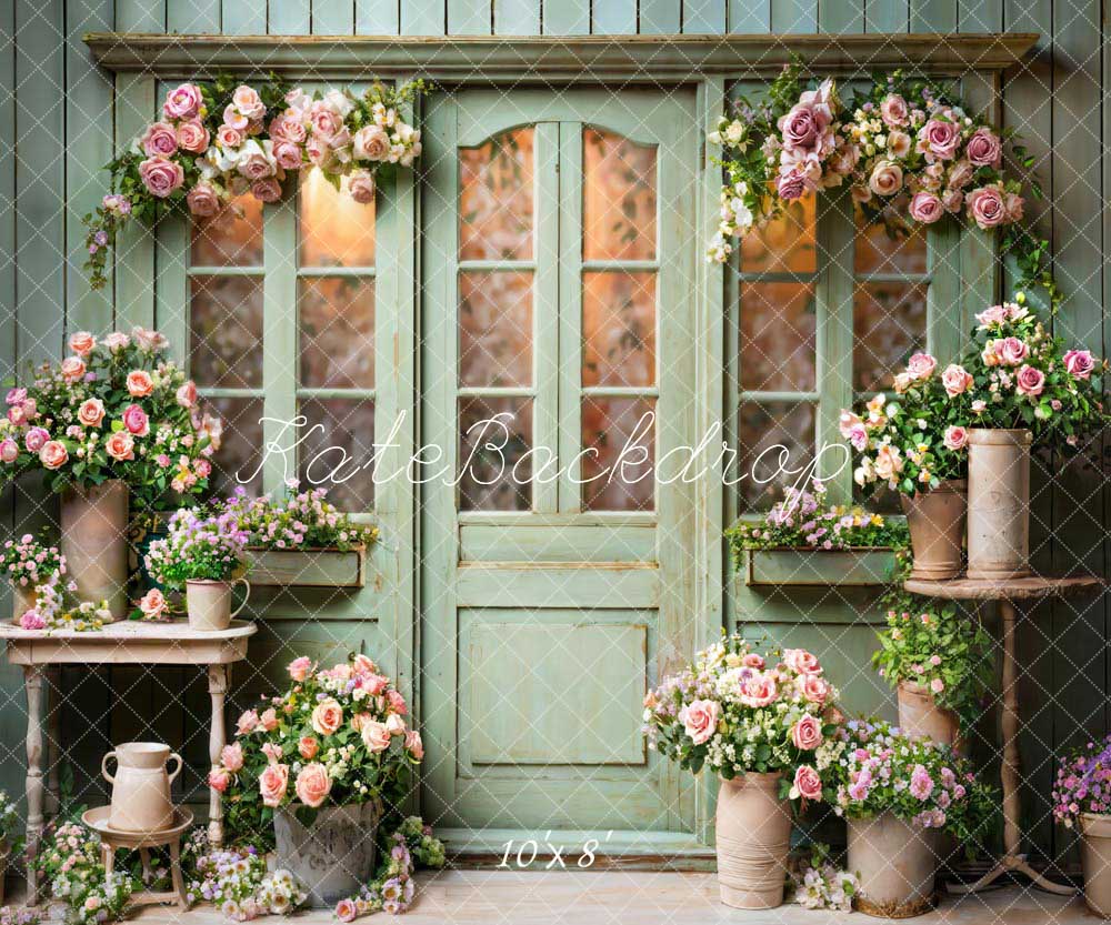 Kate Spring Flowers Green Wooden Door Backdrop Designed by Emetselch -UK