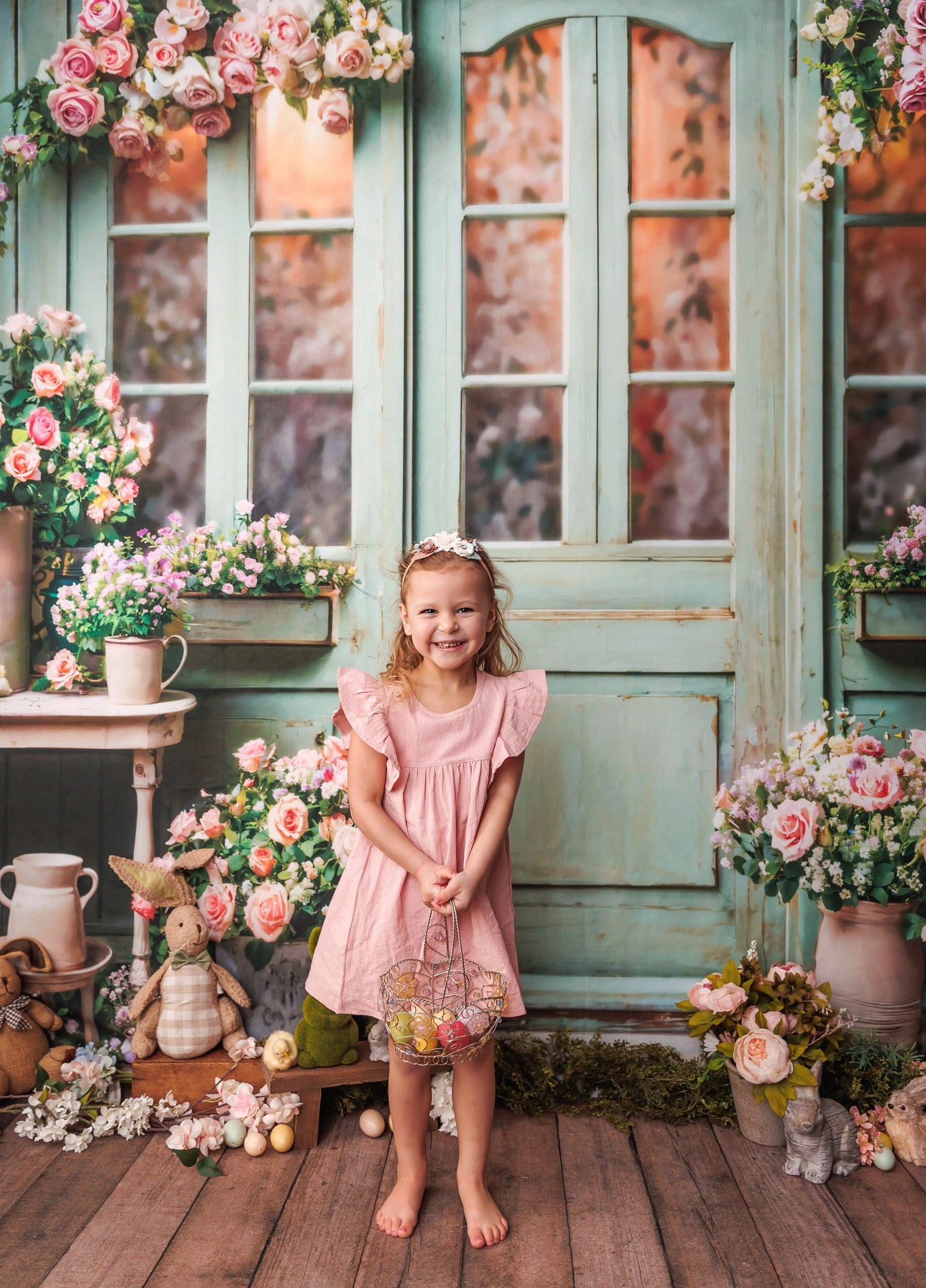Kate Spring Flowers Green Wooden Door Backdrop Designed by Emetselch -UK