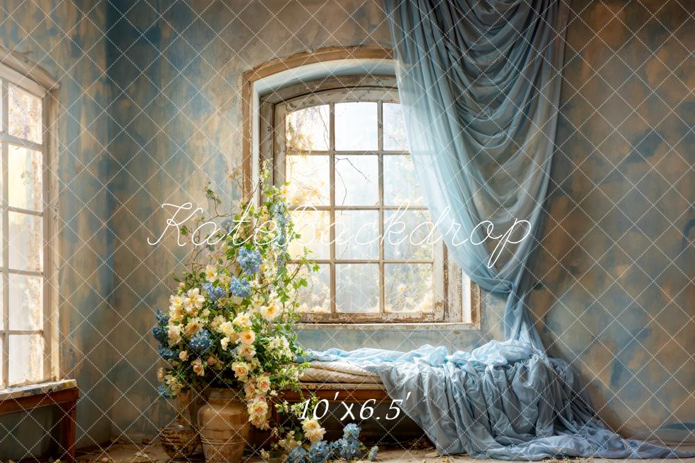 Kate Spring Blue Curtains Flowers Windows Room Backdrop Designed by Emetselch -UK