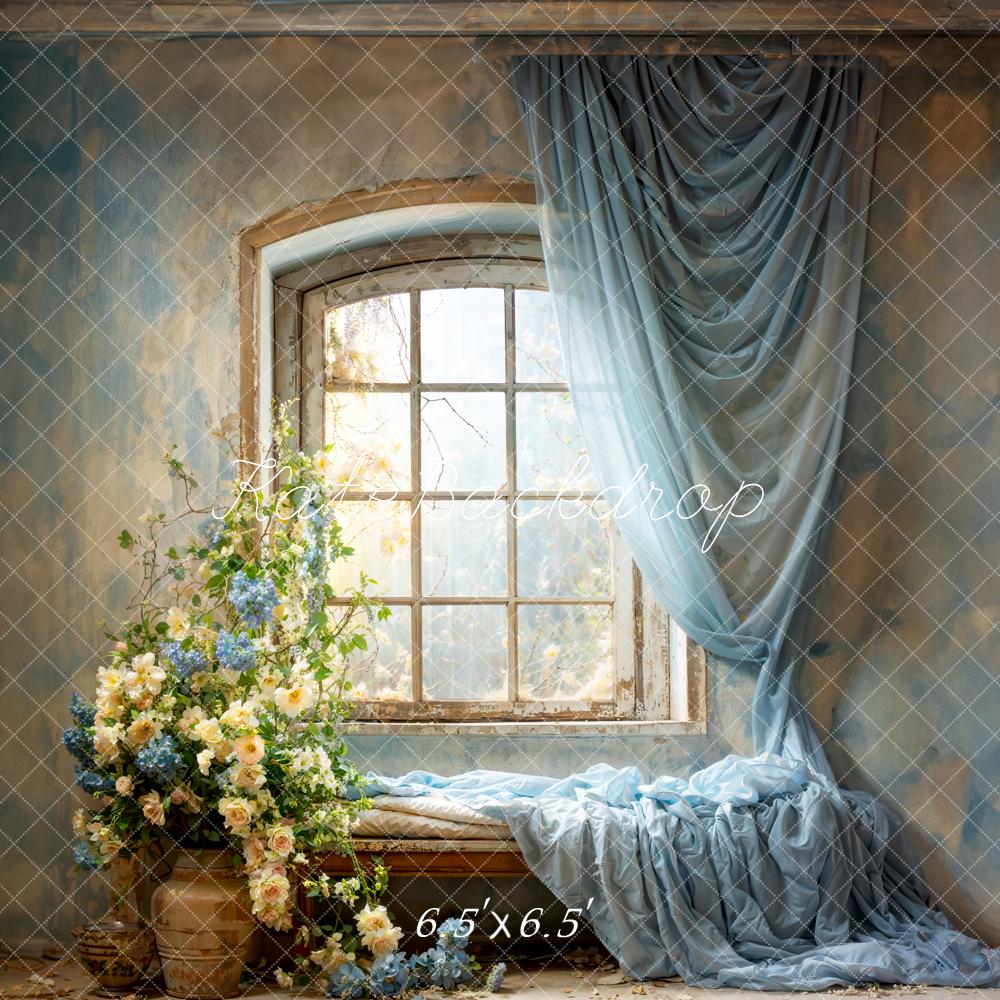 Kate Spring Blue Curtains Flowers Windows Room Backdrop Designed by Emetselch -UK