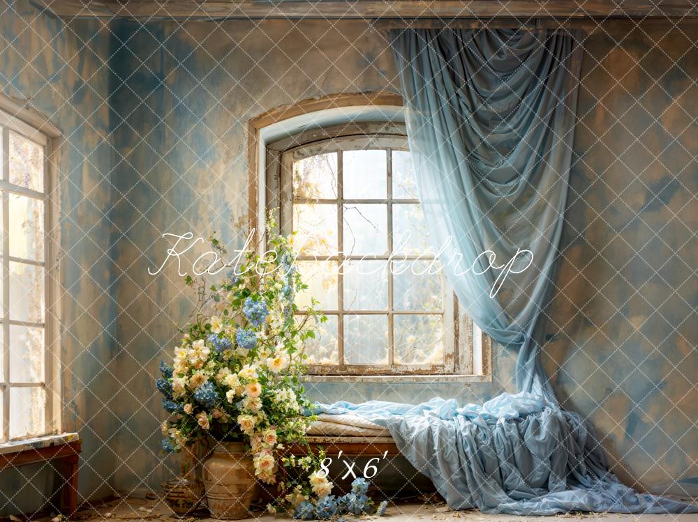 Kate Spring Blue Curtains Flowers Windows Room Backdrop Designed by Emetselch -UK
