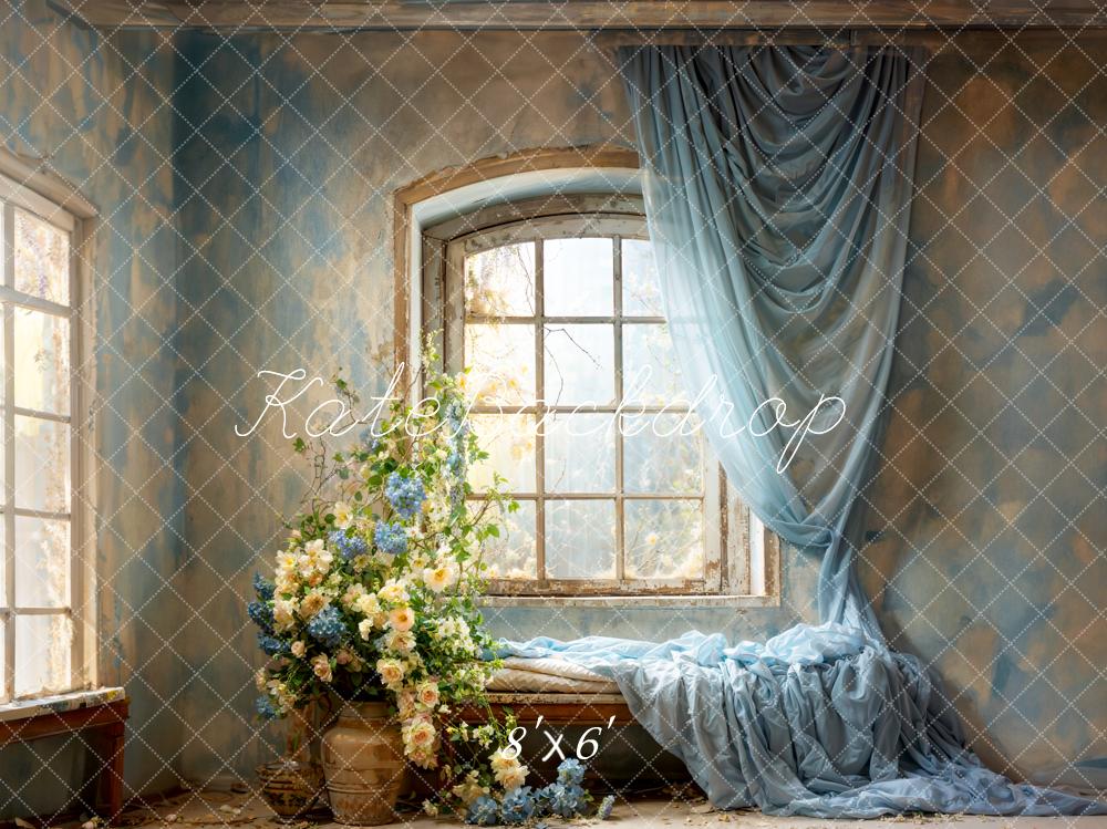 Kate Spring Blue Curtains Flowers Windows Room Backdrop Designed by Emetselch