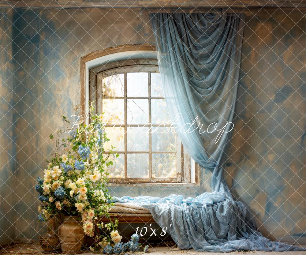 Kate Spring Blue Curtains Flowers Windows Room Backdrop Designed by Emetselch -UK