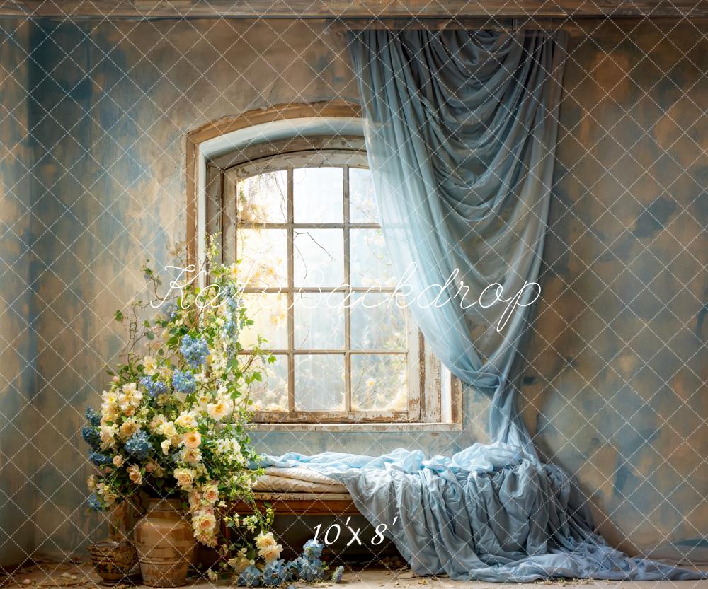 Kate Spring Blue Curtains Flowers Windows Room Backdrop Designed by Emetselch