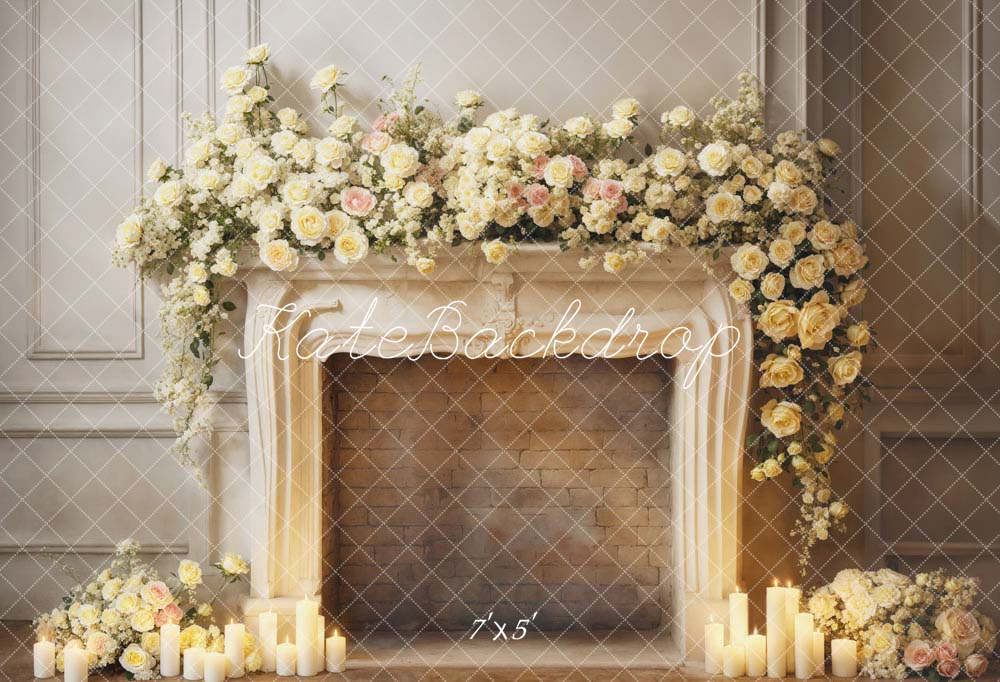 Kate Valentine's Day White Flowers Candle Fireplace Backdrop Designed by Emetselch -UK