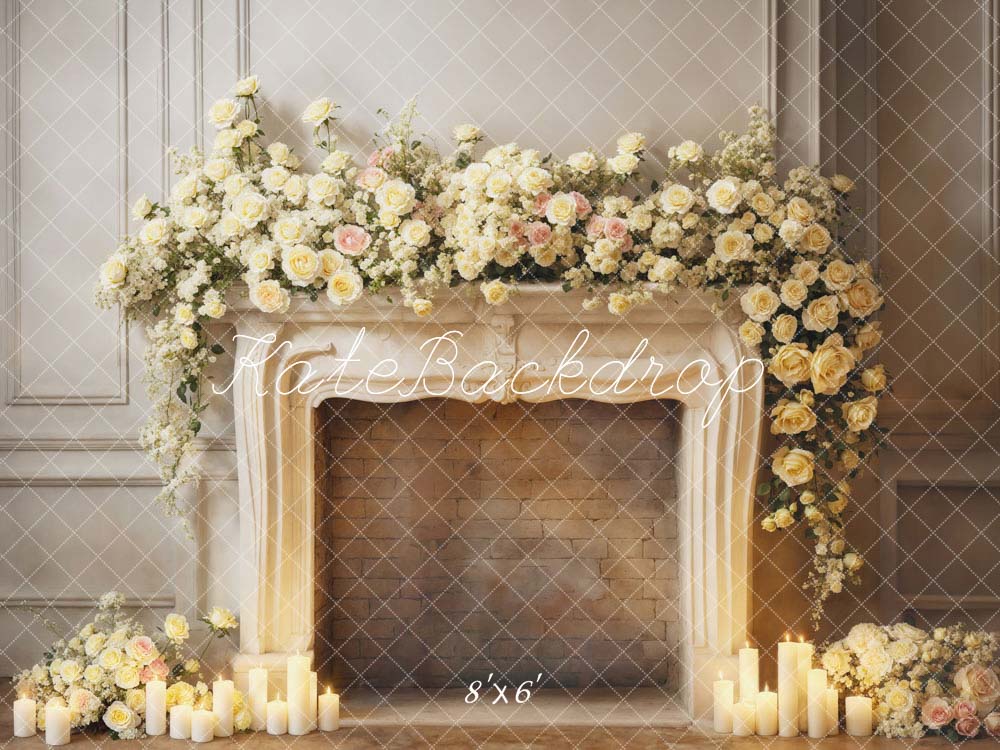 Kate Valentine's Day White Flowers Candle Fireplace Backdrop Designed by Emetselch -UK