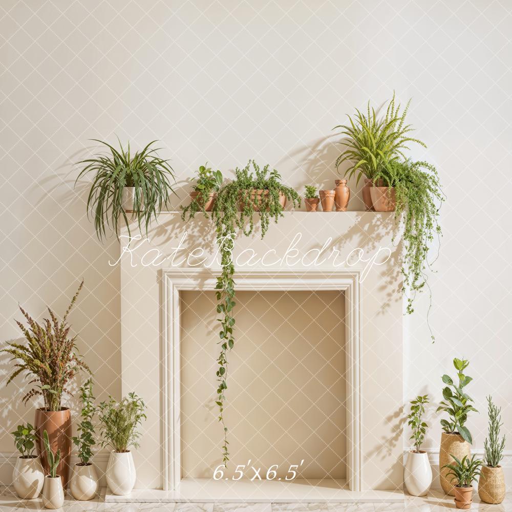 Kate White Fireplace With Spring Greenery Backdrop Designed by Emetselch