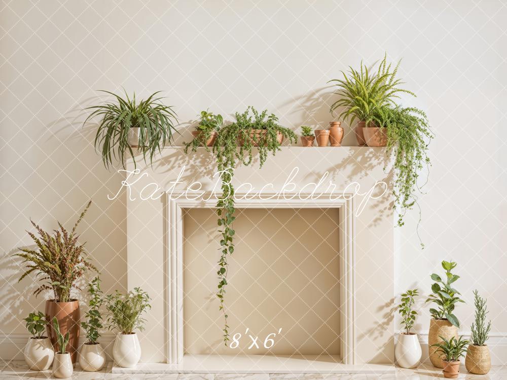 Kate White Fireplace With Spring Greenery Backdrop Designed by Emetselch