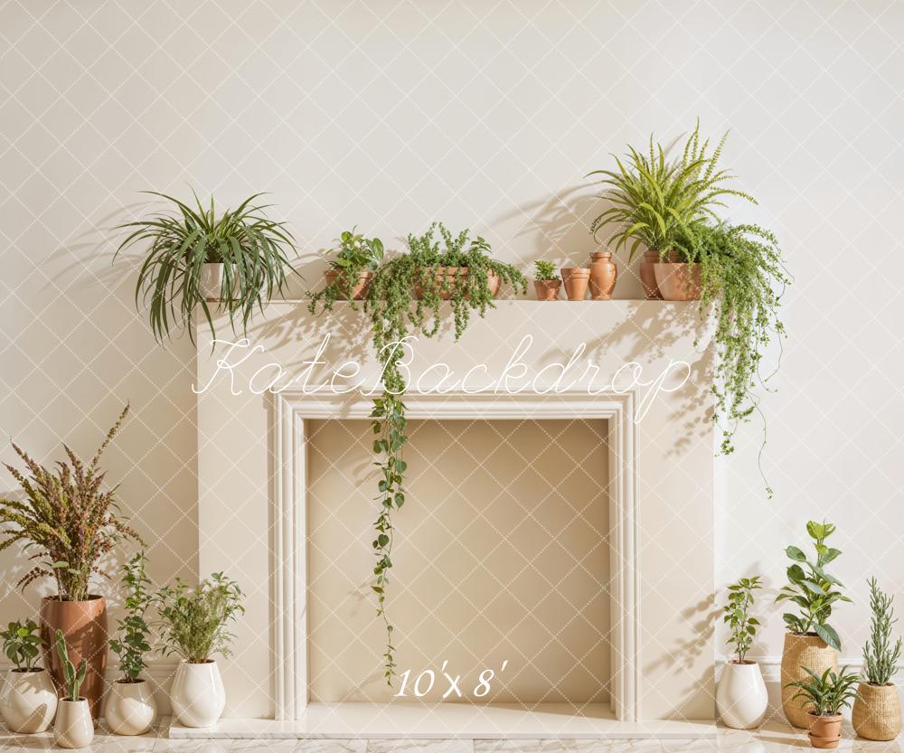 Kate White Fireplace With Spring Greenery Backdrop Designed by Emetselch