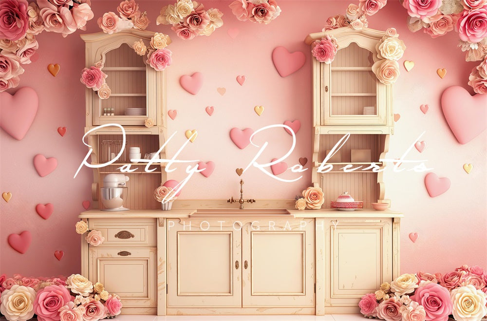 Kate Valentines Heart Kitchen Backdrop Designed by Patty Robert -UK