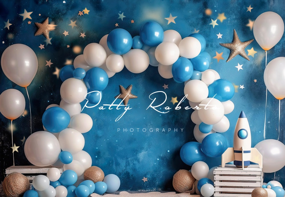 Kate Cosmic Balloons Cake Smash Blue Backdrop Designed by Patty Robert