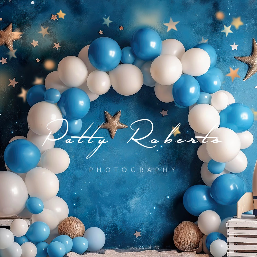 Kate Cosmic Balloons Cake Smash Blue Backdrop Designed by Patty Robert -UK
