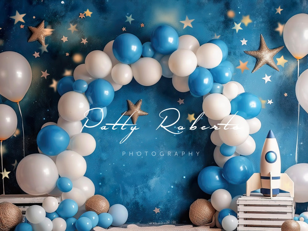 Kate Cosmic Balloons Cake Smash Blue Backdrop Designed by Patty Robert -UK