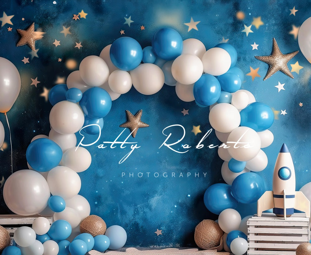 Kate Cosmic Balloons Cake Smash Blue Backdrop Designed by Patty Robert -UK