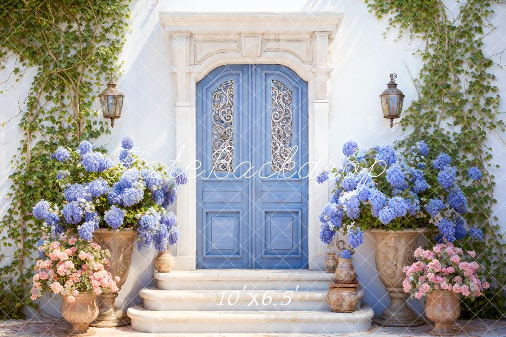 Kate Spring Flowers Blue Door Backdrop Designed by Emetselch -UK
