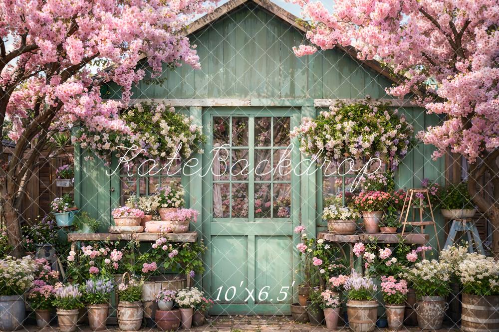 Kate Spring Flower Green Wooden House Backdrop Designed by Emetselch -UK
