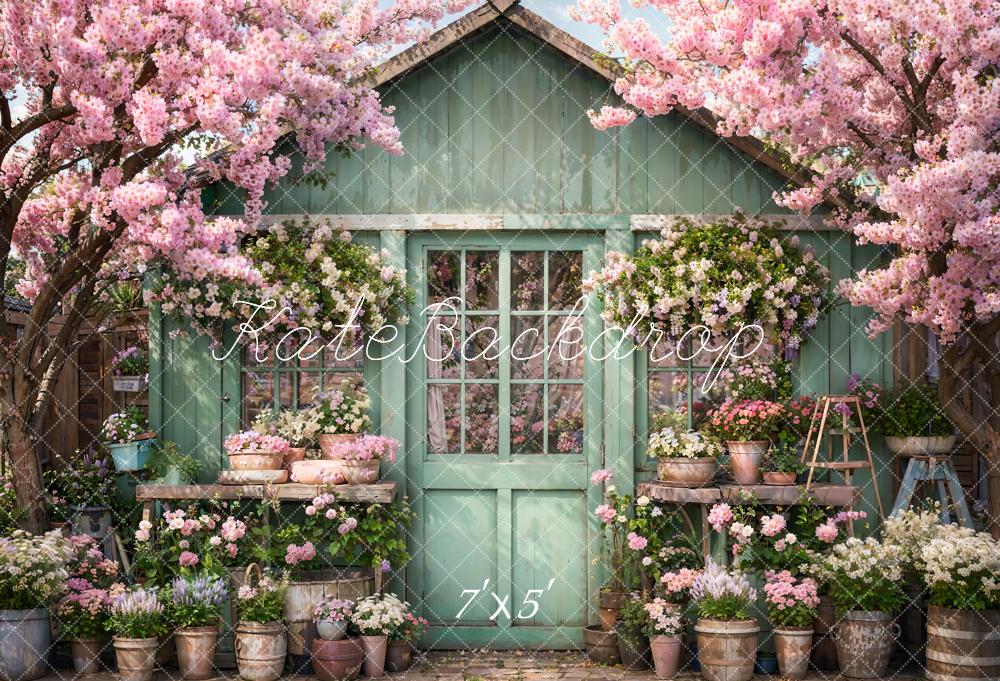 Kate Spring Flower Green Wooden House Backdrop Designed by Emetselch