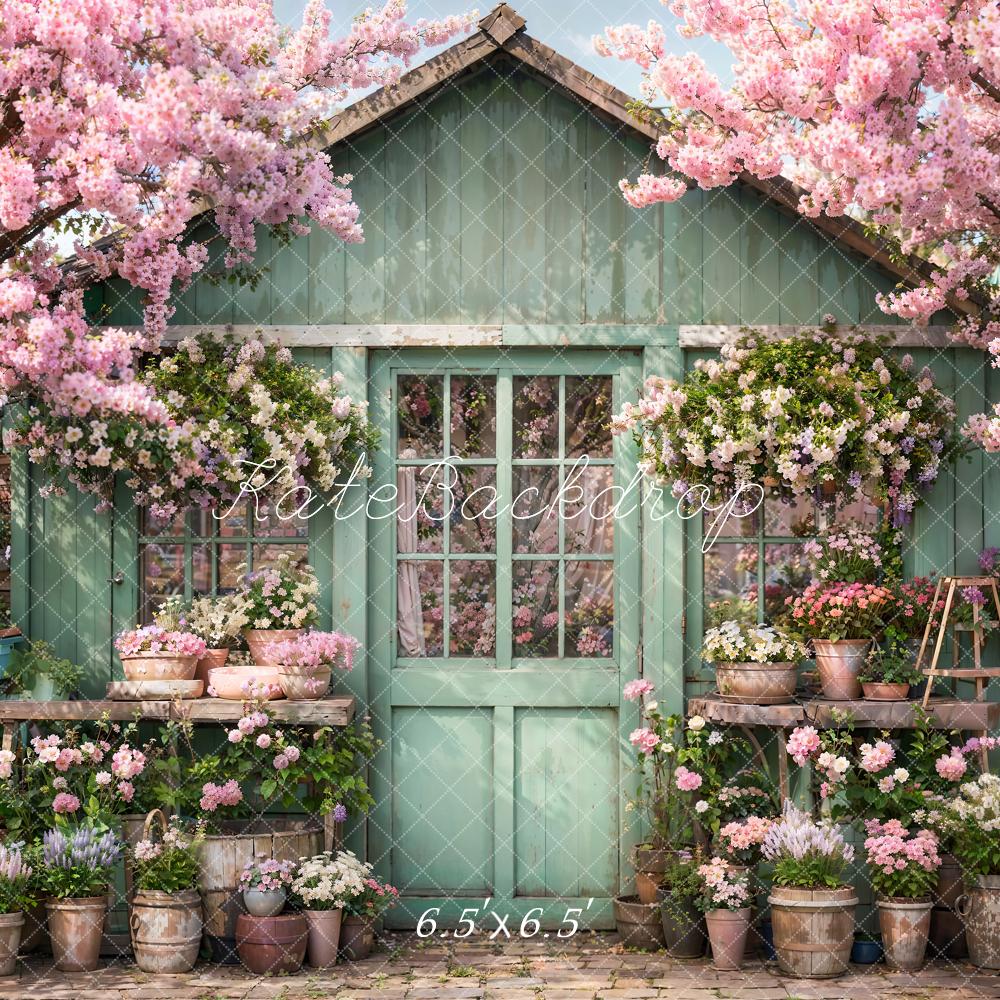 Kate Spring Flower Green Wooden House Backdrop Designed by Emetselch