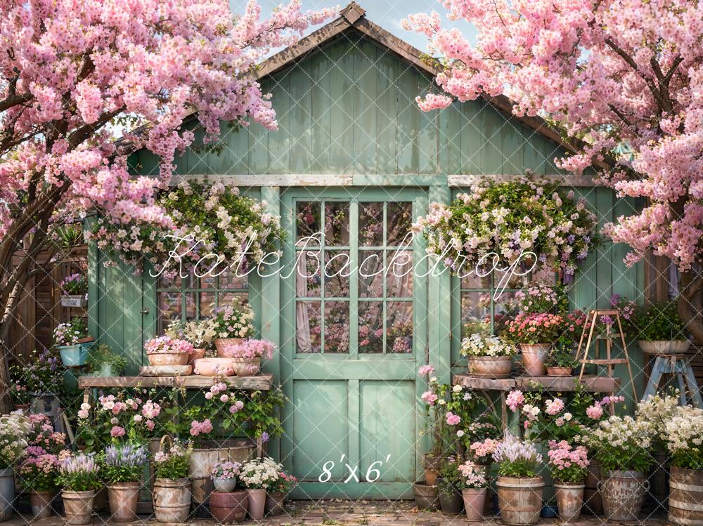 Kate Spring Flower Green Wooden House Backdrop Designed by Emetselch -UK