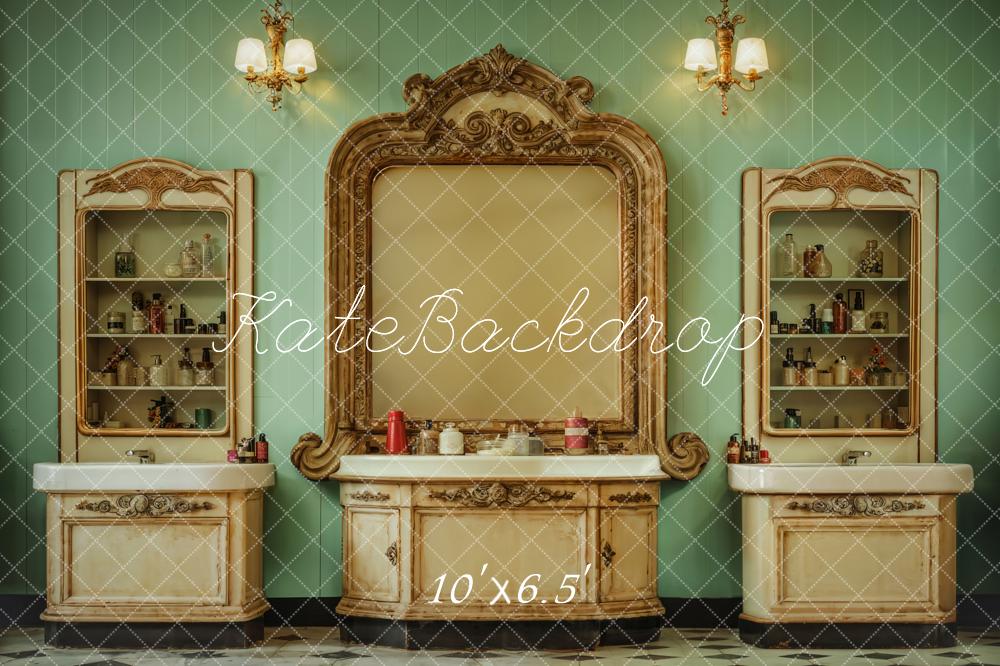 Kate Retro Washbasin Green Wall Backdrop Designed by Emetselch -UK