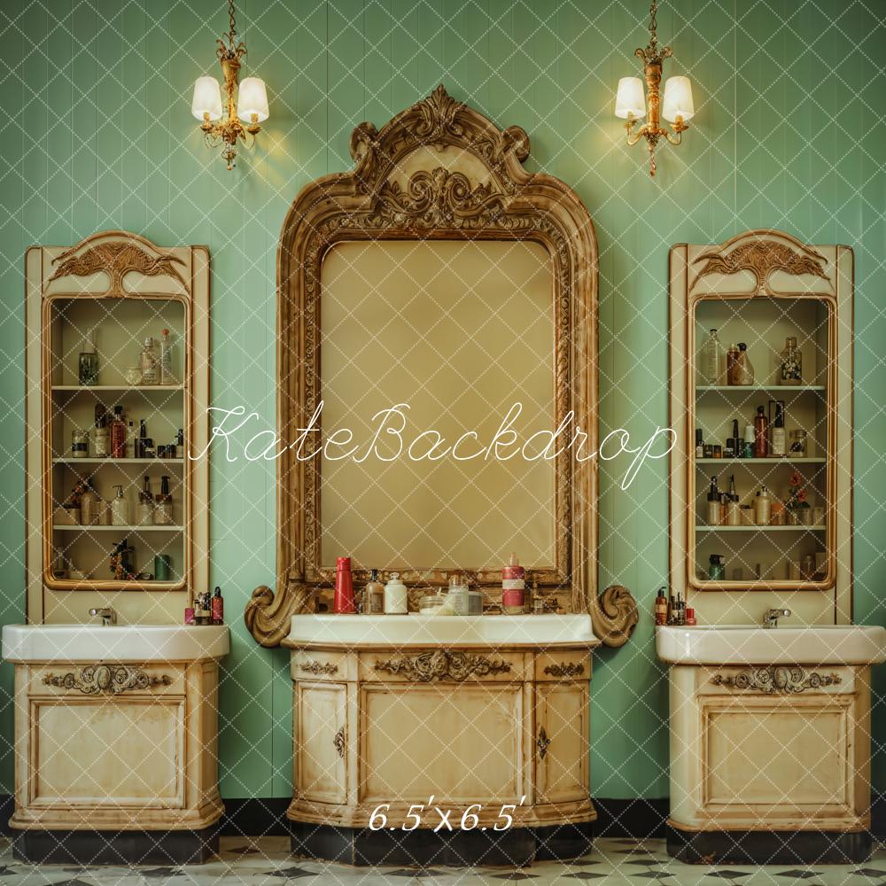 Kate Retro Washbasin Green Wall Backdrop Designed by Emetselch -UK