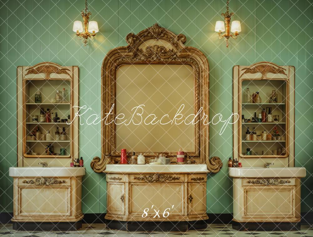 Kate Retro Washbasin Green Wall Backdrop Designed by Emetselch -UK