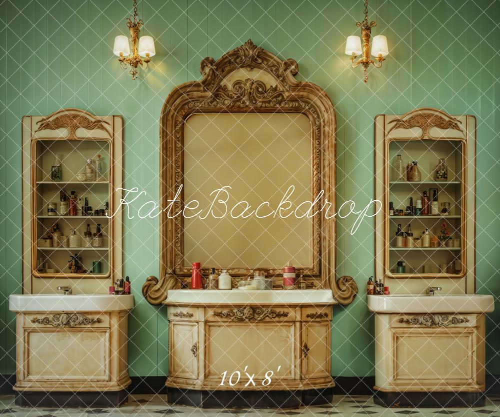 Kate Retro Washbasin Green Wall Backdrop Designed by Emetselch -UK