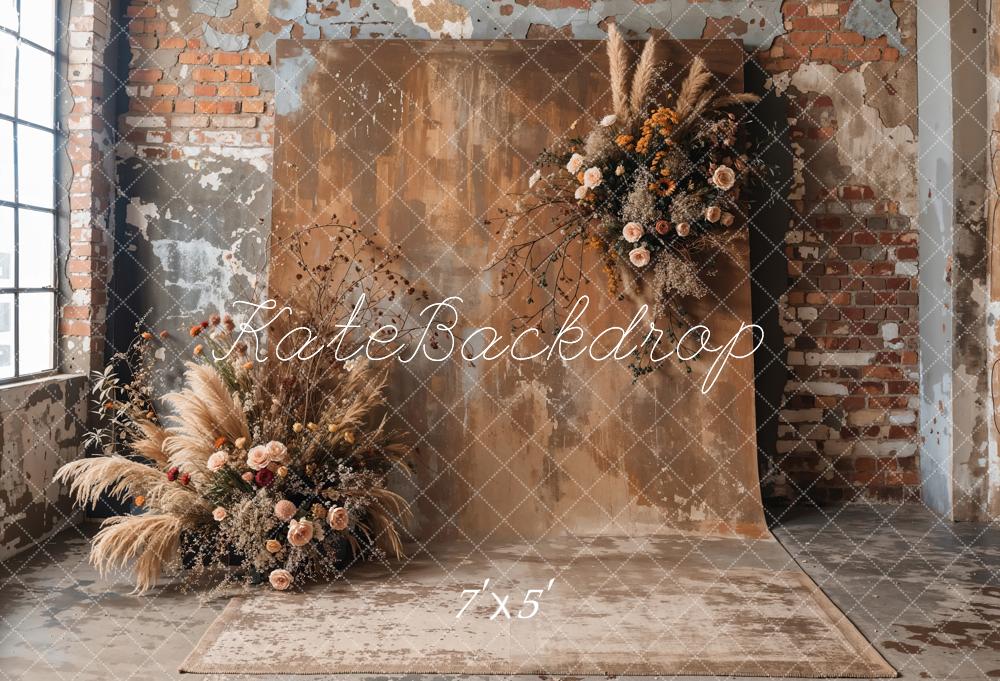 Kate Boho Dark Brown Reed Floral Old Brick Wall Backdrop Designed by Emetselch