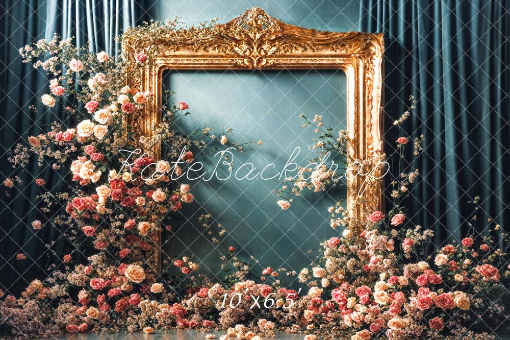 Kate Vintage Flower Golden Frame Blue Curtain Wall Backdrop Designed by Emetselch -UK