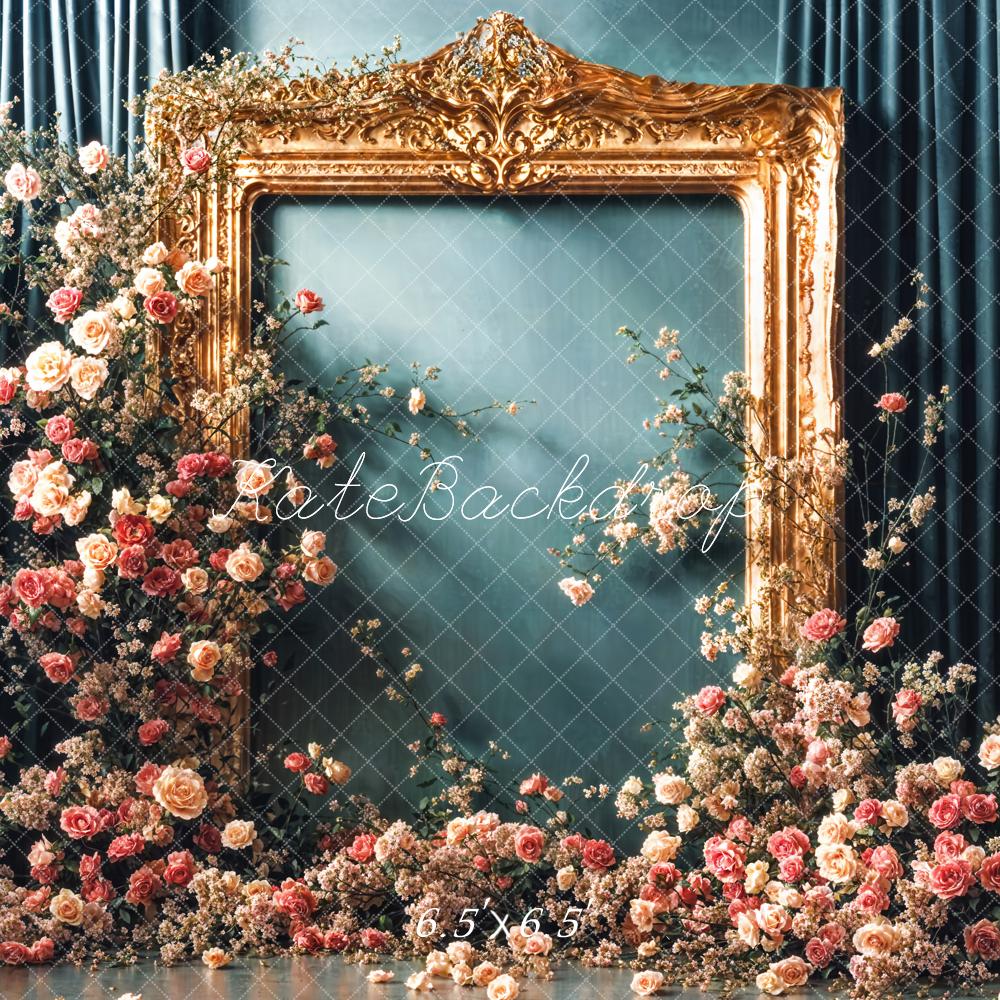 Kate Vintage Flower Golden Frame Blue Curtain Wall Backdrop Designed by Emetselch -UK