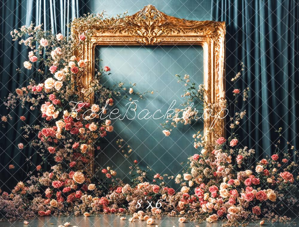 Kate Vintage Flower Golden Frame Blue Curtain Wall Backdrop Designed by Emetselch -UK