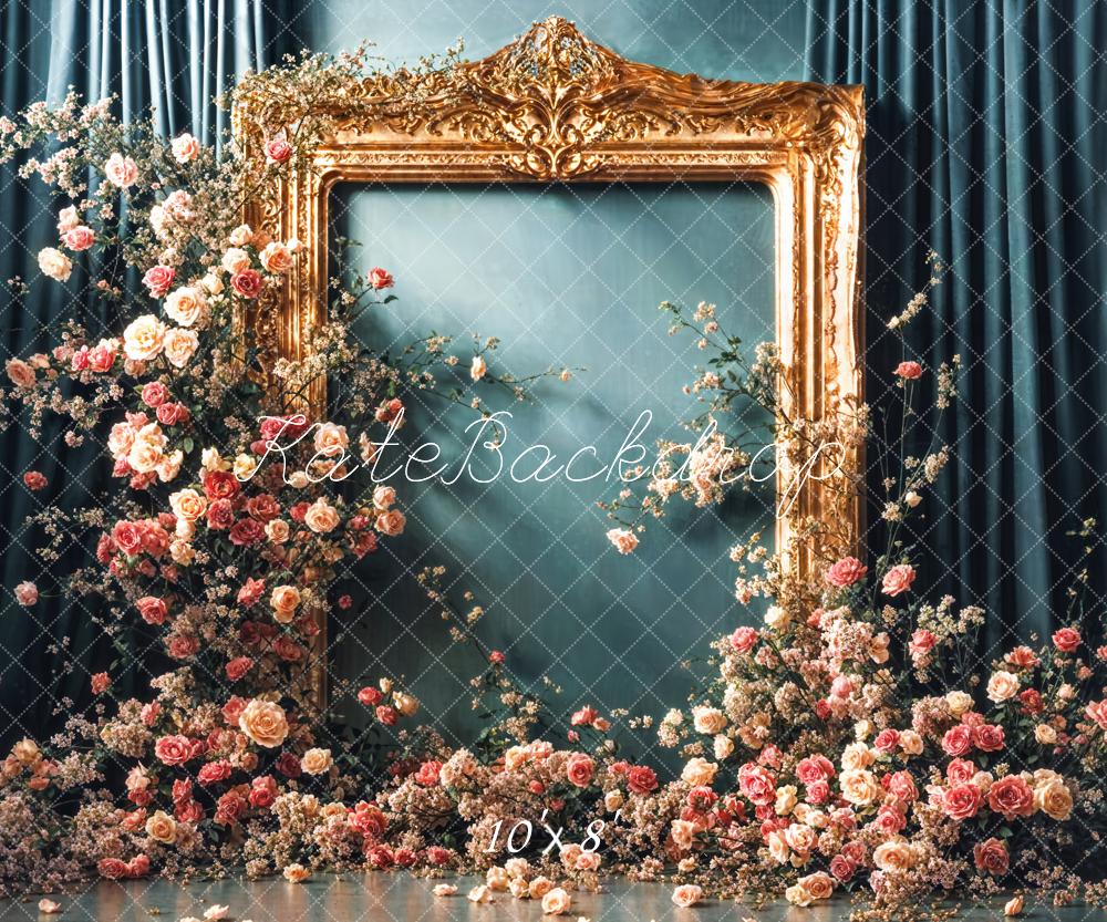 Kate Vintage Flower Golden Frame Blue Curtain Wall Backdrop Designed by Emetselch -UK