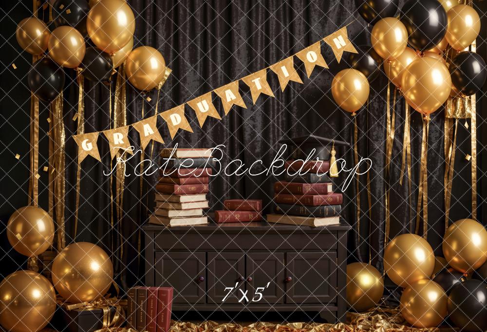 Kate Book Black Curtain Golden Balloon Graduation Backdrop Designed by Emetselch -UK