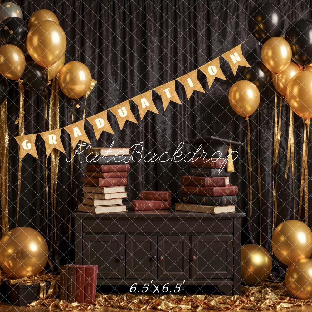 Kate Book Black Curtain Golden Balloon Graduation Backdrop Designed by Emetselch -UK