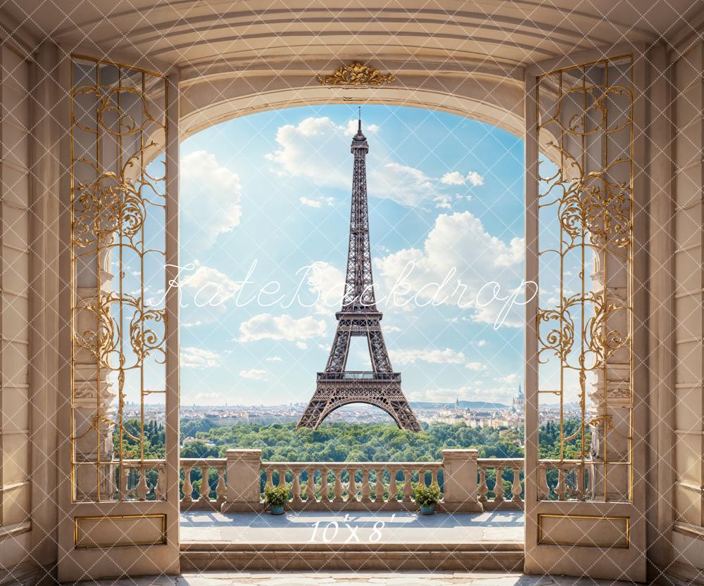 Kate Spring Retro Beige Balcony Paris Tower Backdrop Designed by Emetselch -UK