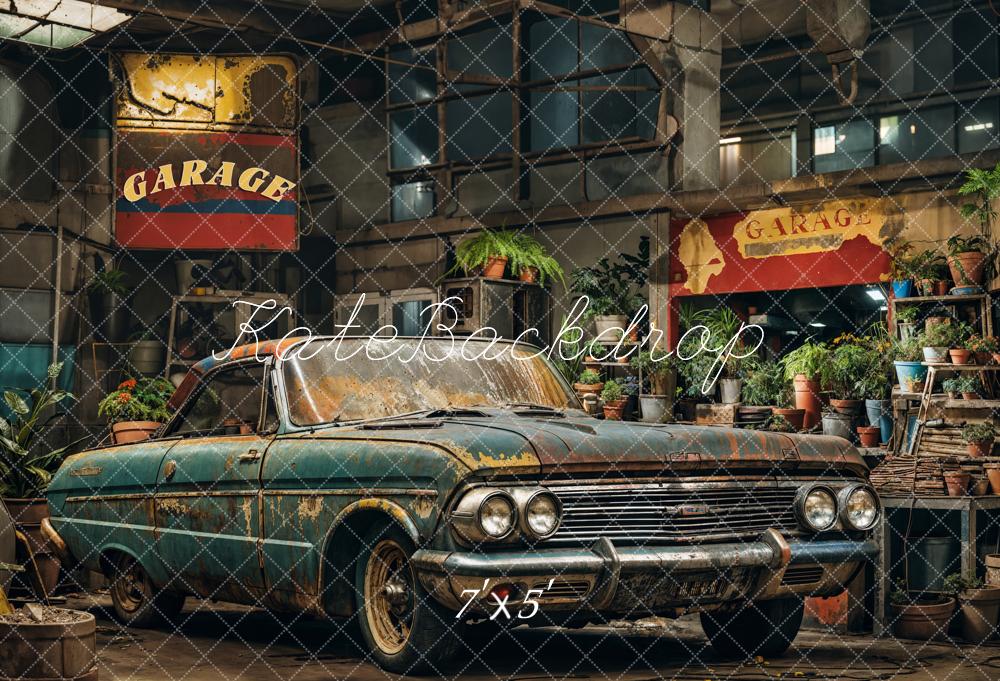 Kate Retro Dark Green Car Garage Backdrop Designed by Emetselch -UK