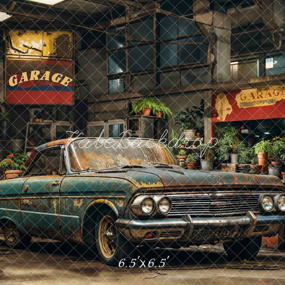 Kate Retro Dark Green Car Garage Backdrop Designed by Emetselch -UK